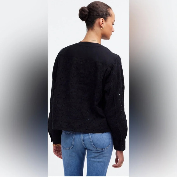 Madewell Long Sleeve Popover Top Black Eyelet Women's Size Medium New With Tags - Picture 4 of 11